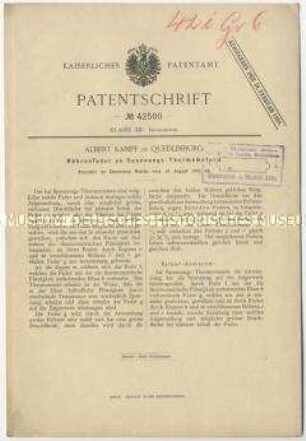 Patentschrift einer Röhrenfeder an Spannungs-Thermometer, Patent-Nr. 42500