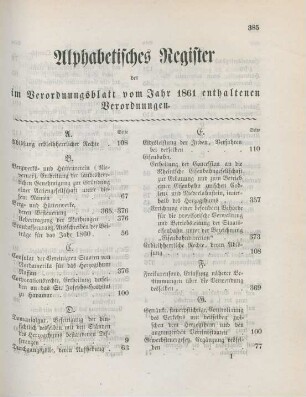 Alphabetisches Register der im Verordnungsblatt vom Jahr 1861 enthaltenen Verordnungen
