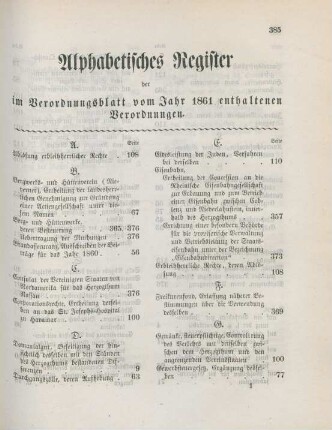 Alphabetisches Register der im Verordnungsblatt vom Jahr 1861 enthaltenen Verordnungen