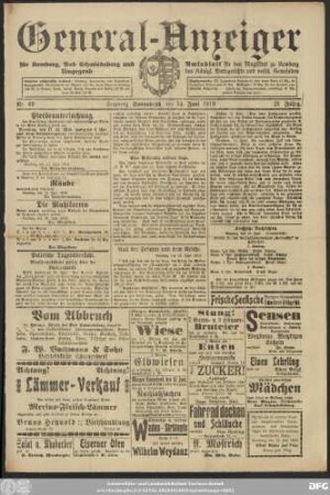 General-Anzeiger für Kemberg, Bad Schmiedeberg und Umgegend, Nr. 69 Kemberg Sonnabend, den 14. Juni 1919.