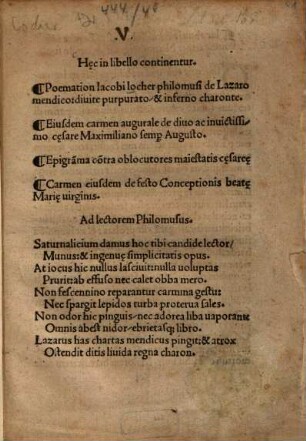 Haec in libello continentur: Poemation de Lazaro mendico. Carmen inaug. de D. Caes. Maximiliano. Epigrammata contra oblocutores Mai. Caes. Carmen de festo Conceptionis B. Mariae V.