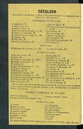 Catálogo de las obras dramáticas y líricas que corresponden a la administración a cargo de D. José Mayquez