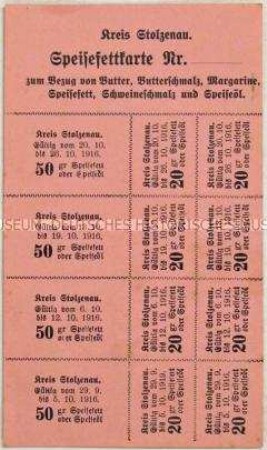 Block mit 12 Marken für den Bezug von Speisefett oder Speiseöl aus dem Jahr 1916