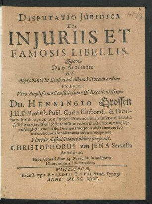 Disputatio Iuridica De Iniuriis Et Famosis Libellis