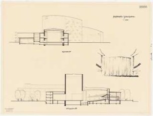 Stadttheater, Gelsenkirchen: Querschnitt, Längsschnitt, Perspektivische Ansicht Bühne 1:200