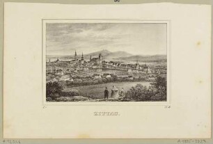Stadtansicht von Zittau in der Oberlausitz vom Kummersberg im Nordwesten, im Hintergrund das Isergebirge, aus der Zeitschrift Saxonia, 1. Bd. 1835