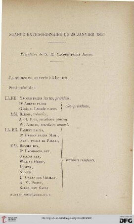 Séance extraordinaire du 20 janvier 1893: présidence de S. E. Yacoub Pacha Artin