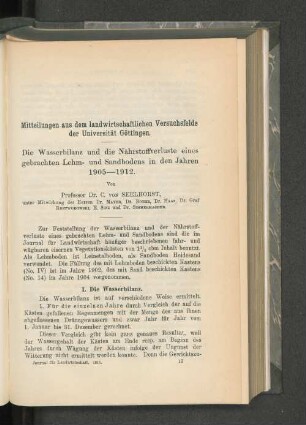 Mitteilungen aus dem landwirtschaftlichen Versuchsfelde der Universität Göttingen.
