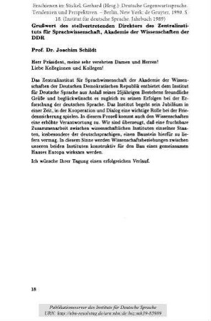 Grußwort des stellvertretenden Direktors des Zentralinstituts für Sprachwissenschaft, Akademie der Wissenschaften der DDR
