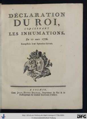 Déclaration Du Roi, Concernant Les Inhumations.