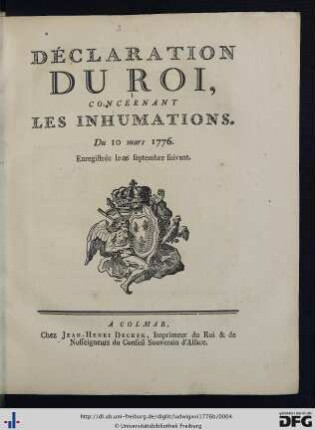 Déclaration Du Roi, Concernant Les Inhumations.