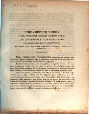 Iudicia quinque ordinum Universitatis Fridericiae Guilelmiae Rhenanae de litterarum certaminibus anni ... facta novaeque quaestiones anno ... propositae, 1837