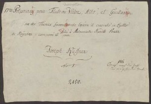 Potpourris, fl (vl), vla, guit, op. 186, HenK 186, C-Dur - BSB Mus.Schott.Ha 2297-2 : [title on enclosed singular guard sheet:] [added with pencil] dixseptieme // 17|m|e Potpurry ["y" corrected with red chalk in: "i"] pour Flute ou Violon, Alto, et Guitarre [corrected with red chalk in: "Guitare"] // sur des Thèmes favorites [corrected with red chalk in: "favorits"] de l'opera il crociato in Egitto // de Meÿerbeer composé et [added over the line:] Dedié à Mademoiselle Nanette Kurz // par // Joseph Küffner