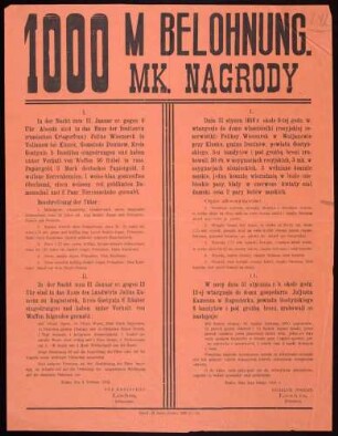 "1000 M Belohnung" (für die Ergreifung von Räubern)
