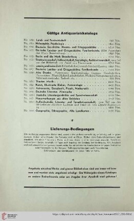 Gültige Antiquariatskataloge / Lieferungs-Bedingungen