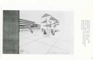 Parkhaus und Markt, Berlin-Steglitz (Diplomarbeit bei Peter Poelzig): Blick vom Titania Palast auf das Parkhaus, Perspektivische Ansicht