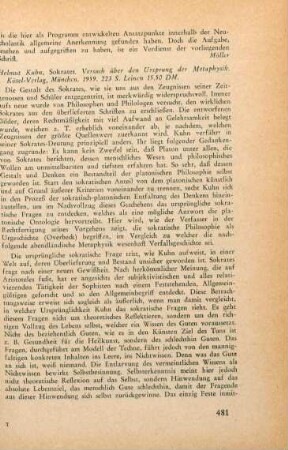 481-482 [Rezension] Kuhn, Helmut, Sokrates