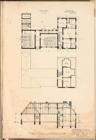 Dorfanlage Schinkelwettbewerb 1908: Schulhaus. Grundrisse, Schnitt 1:100