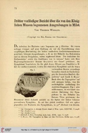 Dritter vorläufiger Bericht über die von den Königlichen Museen begonnenen Ausgrabungen in Milet (Sitzungsberichte der Preussischen Akademie der Wissenschaften ; 1904,3)