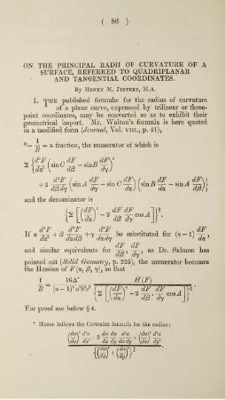On the principal radii of curvature of a surface, referred to quadriplanar and tangential coordinates.