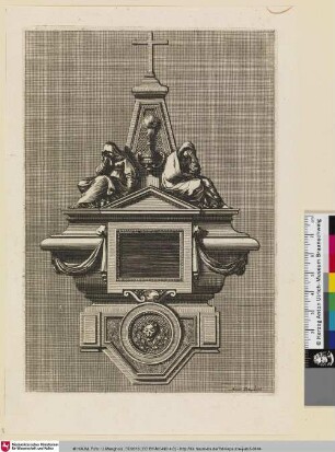 [Epitaph mit zwei weinenden weiblichen Figuren darüber ein Kreuz; Mausolée épitaphe avec deux pleureuses assises se tournant le dos]