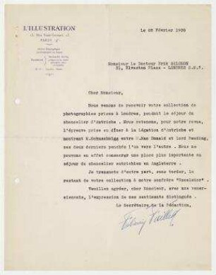 Brief von L’Illustration, Paris an Erich Salomon