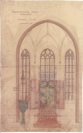 Heilmann & Littmann; München - Neuhausen, Dom- Pedro- Platz; Christuskirche und Pfarrhaus - Kanzel - Altar (Ansicht)