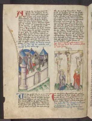 Der König von Moab opfert seinen Sohn (Kapitel 23); Christus am Kreuz zwischend den Schechern, darunter Maria und Johannes (Kapitel 24)