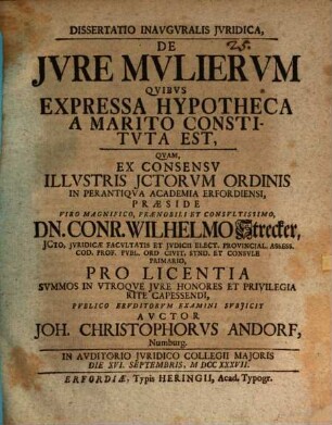 Dissertatio Inavgvralis Jvridica, De Jvre Mvliervm Qvibvs Expressa Hypotheca A Marito Constitvta Est