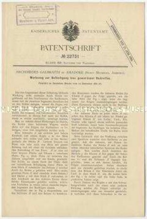 Patentschrift eines Werkzeuges zur Befestigung lose gewordener Radreifen, Patent-Nr. 22731