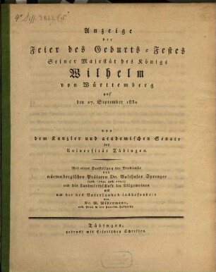 Anzeige der Feier des Geburts-Festes Seiner Majestät des Königs Wilhelm von Württemberg auf den 27. September 1830