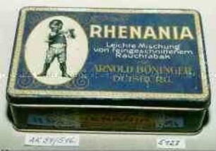 Blechdose für "RHENANIA Leichte Mischung von feingeschnittenem Rauchtabak von ARNOLD BÖNINGER, DUISBRUG."