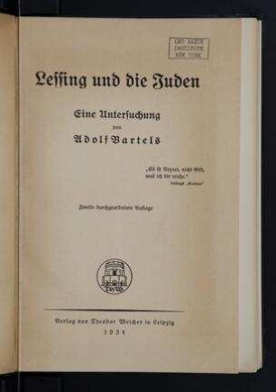 Lessing und die Juden : eine Untersuchung / von Adolf Bartels