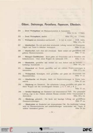 Gläser, Steinzeuge, Porzellane, Fayencen, Elfenbeine (Nr. 284-384)