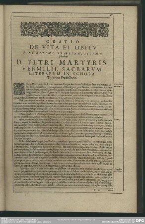 Oratio De Vita Et Obitu Viri Optimi, Praestantissimi Theologi D. Petri Martyris Vermilii, Sacrarum Literarum In Schola Tigurina Professoris