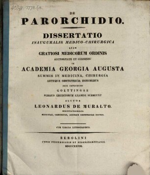 De parorchidio : Diss. inaug. med. chir. ; cum tab. lith.
