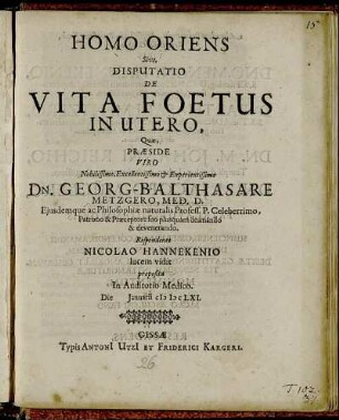 Homo Oriens Sive, Disputatio De Vita Foetus In Utero