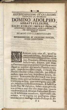 Reverendissimo Et Celsissimo Principi Ac Domino Domino Adolpho Abbati Fuldensi, [...].