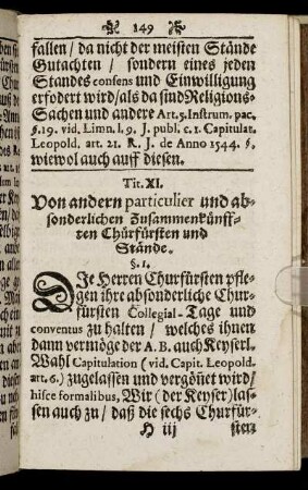 Tit. XI. Von andern particulier und absonderlichen Zusammenkünfften Chürfürsten und Stände.
