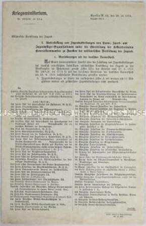 Rundschreiben des Kriegsministeriums zur militärischen Vorbildung der Jugend