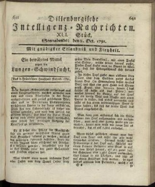 XLI. Stück. Sonnabends: den 8. Oct. 1791.