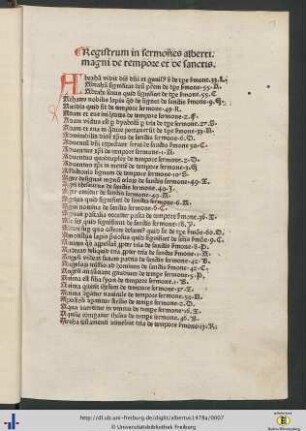 Registrum in sermones alberti magni de tempore et de sanctis.