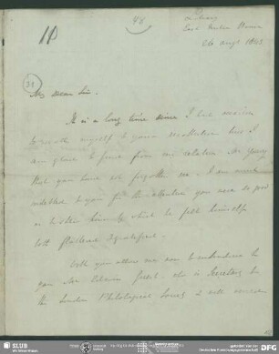 Eigenh. Brief von Horace H. Wilson an August Wilhelm von Schlegel, London, 26.08.1843