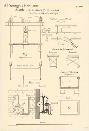 Schlachthof und Viehmarkt, Breslau Schlachthalle für Großvieh: Schlachtwinde: Querschnitt Vorderansicht 1:5. Spreize und Luftbahnwagen: Grundriss Seitenansicht und Vorderansicht 1:5. Fahrbarer Entfettungstisch: Seitenansicht und Vorderansicht 1:10. Tönerner Waschtrog: Grundriss Längsschnitt 1:5