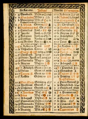 Alt Kalender. Julius/ New kal: Höwmonat.