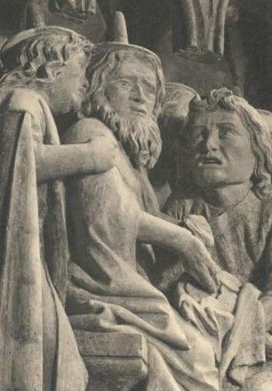 Naumburg. Dom. Westlettner, Relief (Naumburger Meister, Mitte 13. Jh.). Auszahlung der Silberlinge an Judas. Ausschnitt von links gesehen