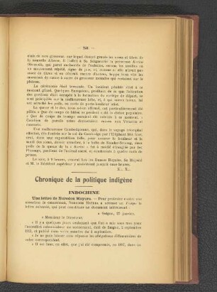 Chronique de la politique indigène.