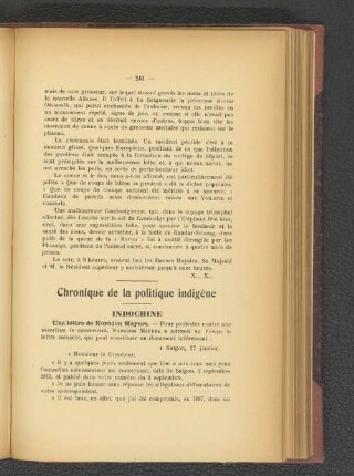 Chronique de la politique indigène.