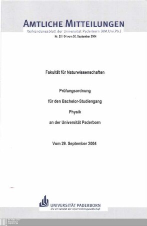 Prüfungsordnung für den Bachelor-Studiengang Physik an der Universität Paderborn : vom 29. September 2004