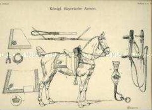 Uniformdarstellung, Detailstudie Satteldecken, Zaumzeug und Pferd der Kürassier-Regimenter, Königreich Bayern, 1830/1838. Beiblatt 4 zu Tafel XII aus: Müller/Braun: Königl. Bayerische Armee.